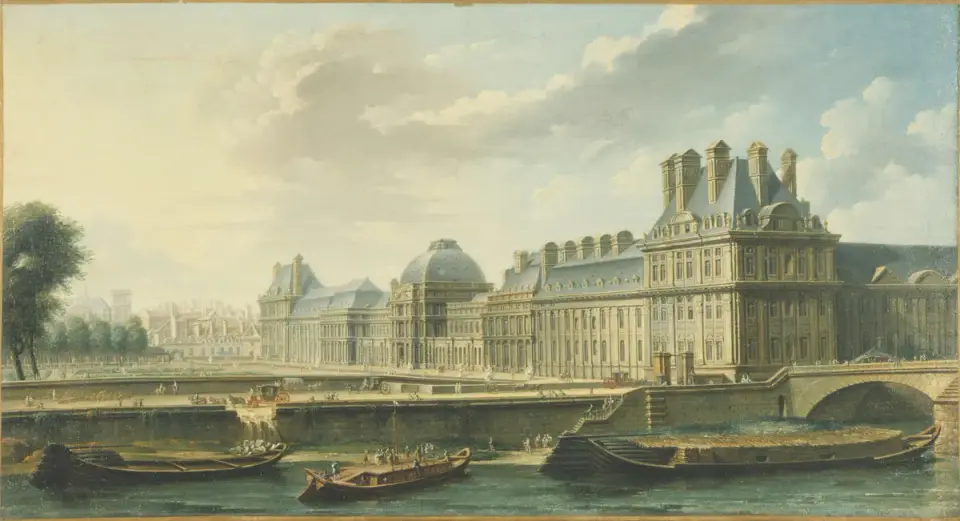 An old painting of the Tuileries Palace seen from the Seine