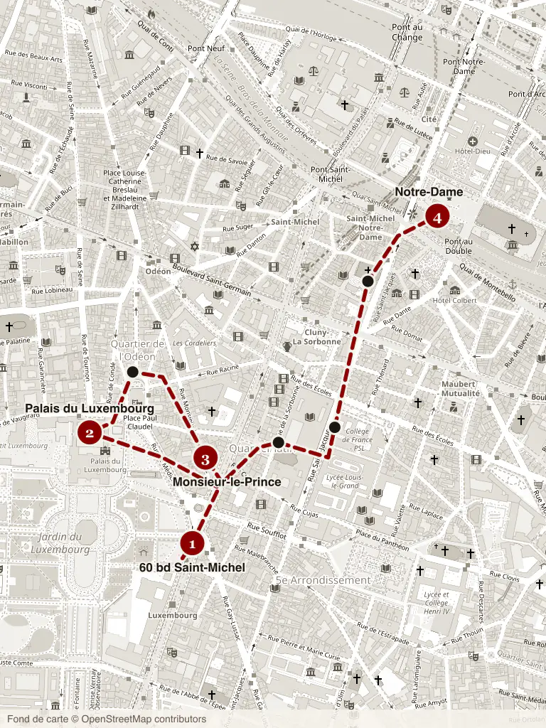 Map of the Left Bank self-guided WWII route through the 5th and 6th arrondissements, with four numbered stops from 60 boulevard Saint-Michel to Notre-Dame